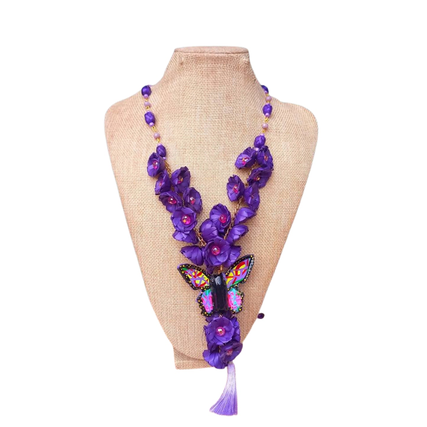 Collar Flores Moradas con Mariposa